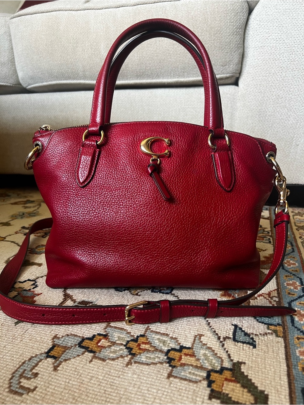 Coach Pebbled Leather Remi Satchel in Red with Detachable Strap
